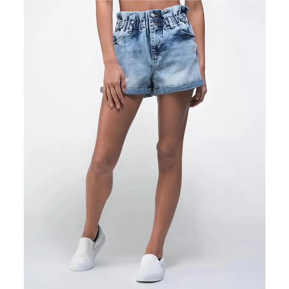 ALMOST FAMOUS Denim Paperbag Shorts Elastic Waist High Rise Blue Womens Size L